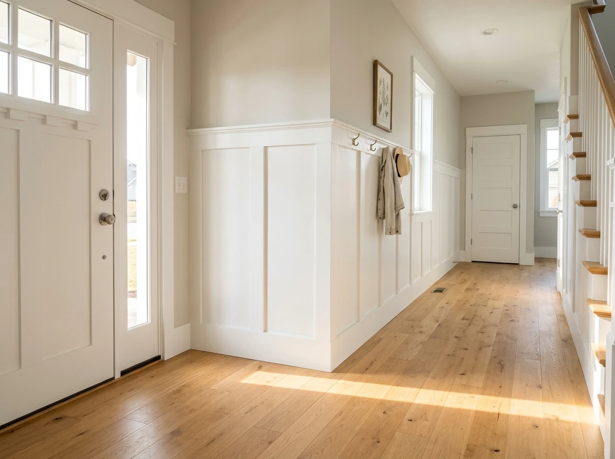 Crisp white Craftsman board-and-batten wainscoting, mitered door casing, and 5-inch baseboards on white oak flooring