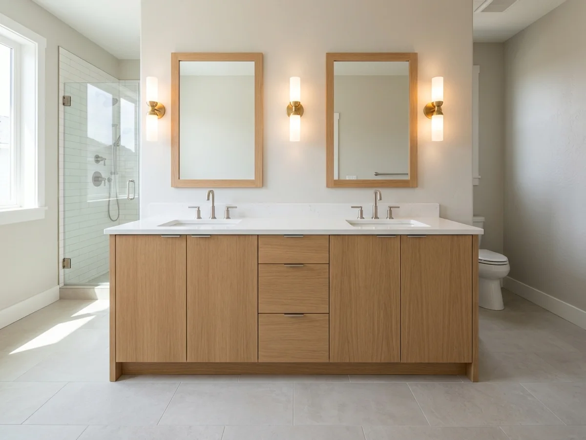 Warm white oak double-sink bathroom vanity with quartz countertop, brushed nickel faucets, and vanity sconces in Boise, ID