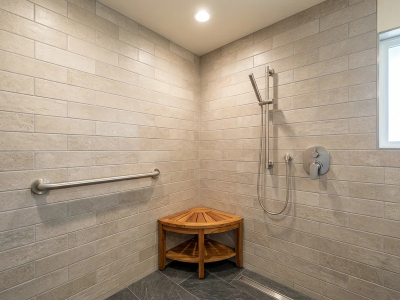 Warm residential walk-in tile shower outfitted with stud-anchored brushed-nickel and bronze grab bars that look like upscale fixtures