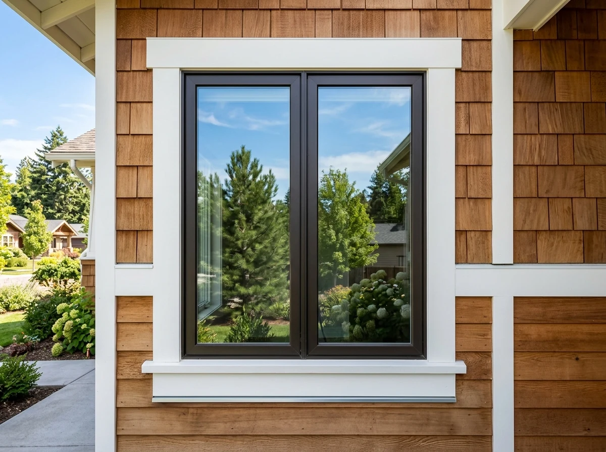 Dark bronze two-wide exterior casement window with white Craftsman wood casing and sill flashing in Boise, ID